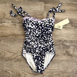 Gottex Profile Navy White Purple Floral‎ One Piece Swimsuit D Cup